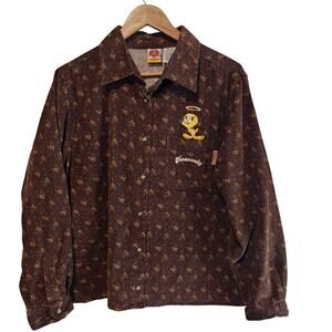 Vtg Looney Toons Tweety Bird Corduroy Blouse Womens 14W/16W Brown Floral 90s